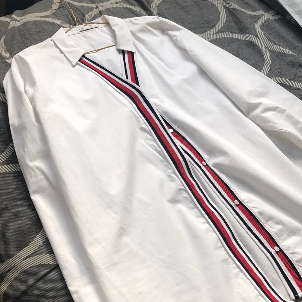Zara White oversized cotton button down shirt.